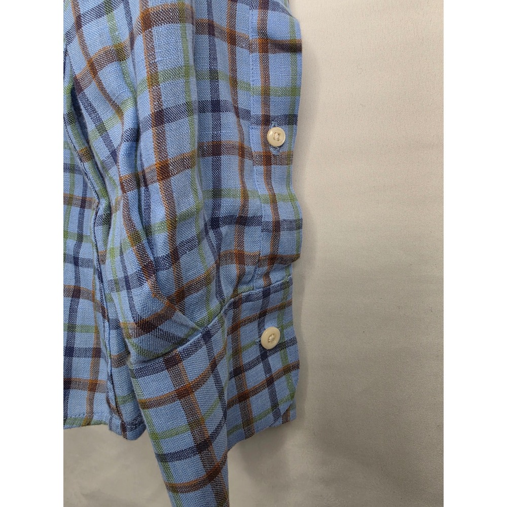 Peter Millar Mens XL Blue Plaid 100% Linen Long Sleeve Button Down Shirt - Picture 5 of 8